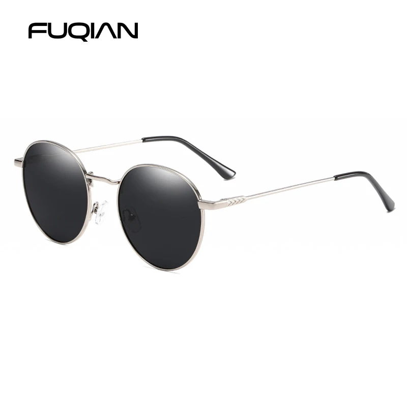 Silver Black FUQIAN новые роскошные круглые поляризованные солнцезащитные очки модные цветные металлические мужские и женские солнцезащитные очки антибликовые уличные очки UV400 - Цвет линз: Silver Black