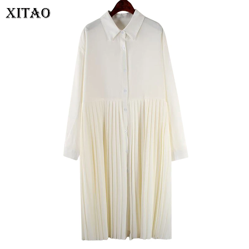Платье XITAO женское повседневное плиссированное с длинным рукавом и отложным