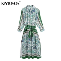 kpytomoa women 2021 chic fashion with belt printed midi shirt dress vintage three quarter sleeve side vents female dresses mujer