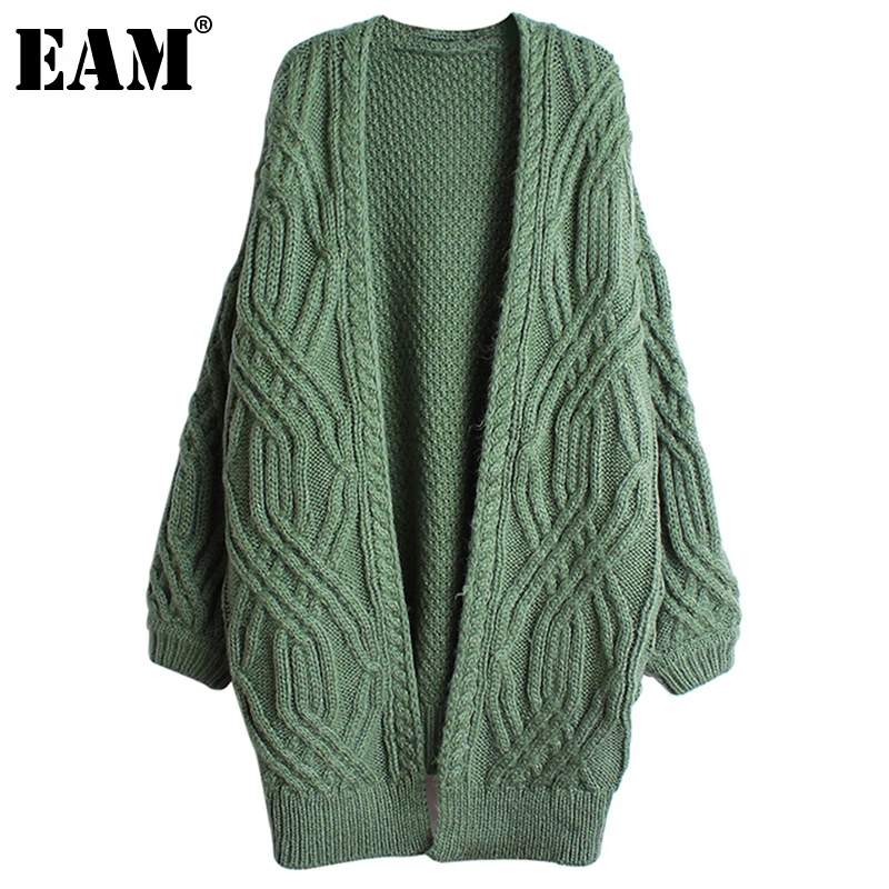 

[EAM] Green Big Size Knitting Cardigan Sweater Loose Fit V-Neck Long Sleeve Women New Fashion Tide Autumn Winter 2021 1DE3270