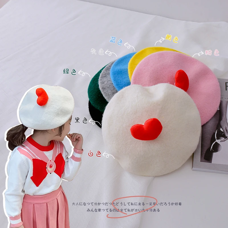 

Baby Girls Wool Felt 3D Love Heart Beret Hats Witer Kids Caps Solid Color Painter Hat for Children