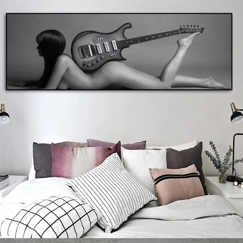 

Gray Sexy Nude Woman with Guitar Canvas Painting Posters and Prints Wall Modern Art Naked Girl Picture for Living Room Decor