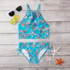 Купальники для девочек, пляжные, спортивные, с лямкой через шею, танкини, Раздельный купальник, модная летняя детская одежда