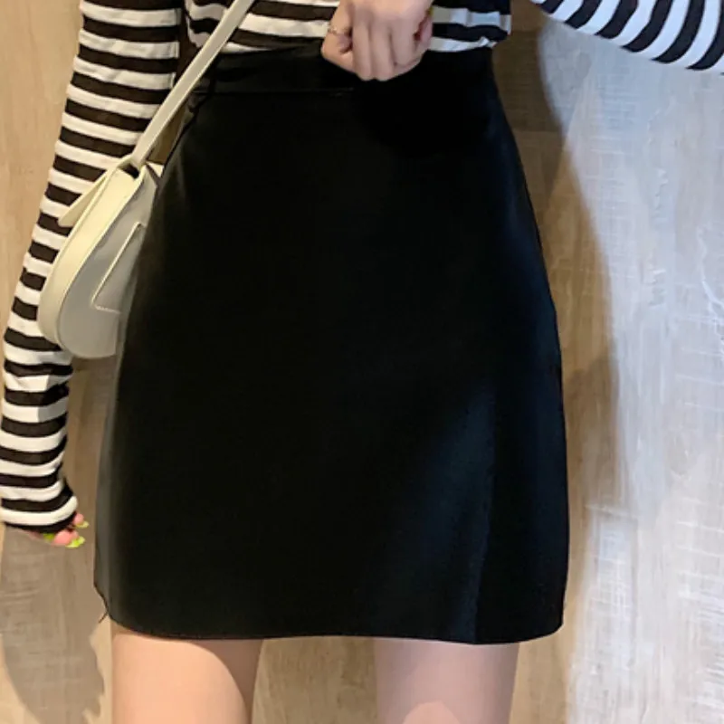 

Skirts Women Daily PU Above Knee Mini Skirt for Womens Mature All-match A-line Slim-fit Empire Korean Style Students Simple Chic