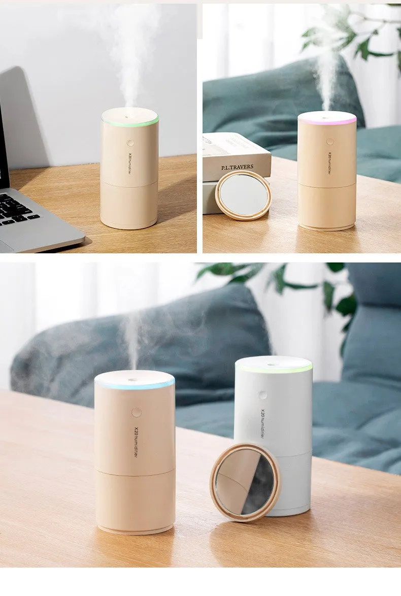 

New X20 mirror humidifier with battery, multi-function with make-up mirror, Mini USB table air humidifier
