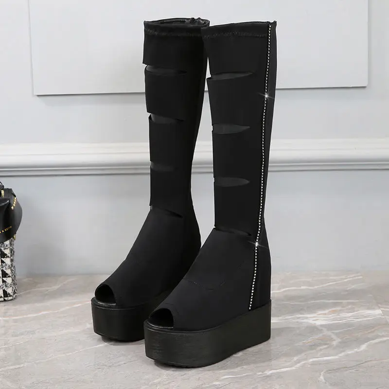 

Fish mouth boots women's 2021 new sandals thick bottoms height fashion sandals ultra-high heel hollow Roman thin boots 12cm