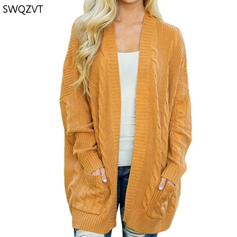 SWQZVT Plus Size Sweater Women 2020 Autumn Winter Pocket Twist Knitted Long Cardigan Casual Loose Clothes outwear |