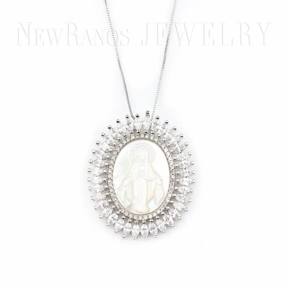 Ожерелье с кулоном Девы Марии из белых Цирконий жемчугом в виде раковины для