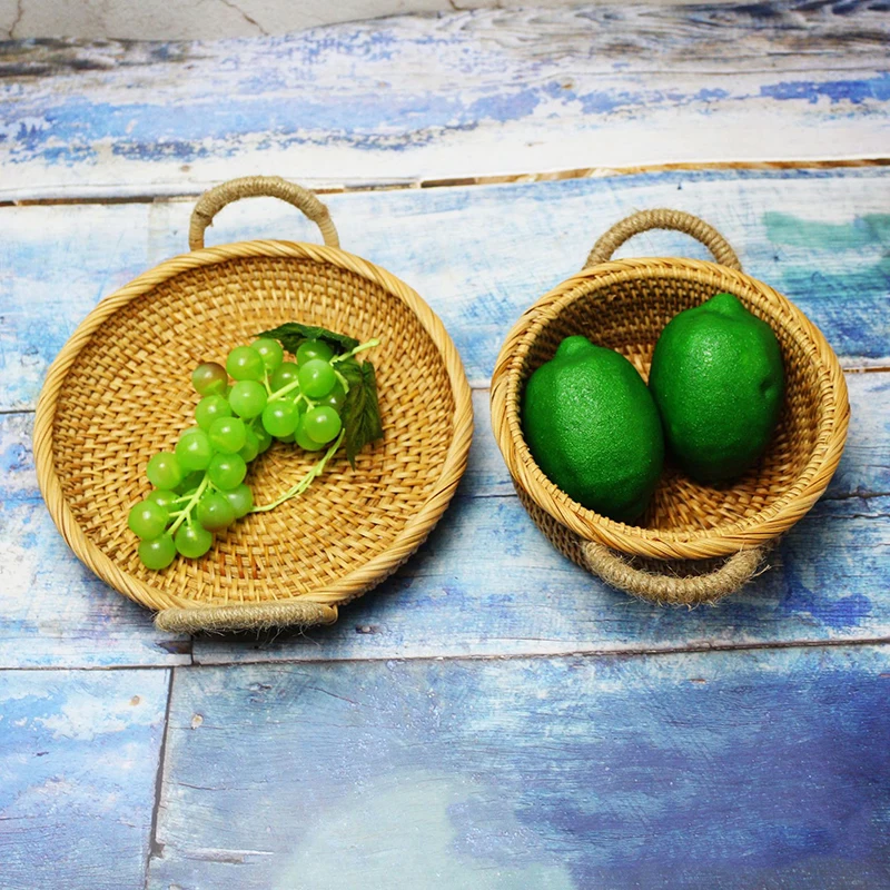 

Круглая корзина из ротанга с ручками, винтажный стиль, органайзер для хранения, корзина для фруктов, овощей, хлеба K888