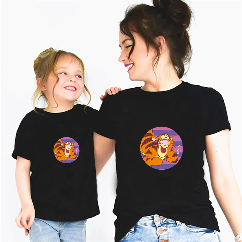 

Summer Disney Family T-Shirt Black Graphic Women Tshirt Baby Short Sleeve Tigger Cartoons Cotton O-Neck Children Clothes Gift