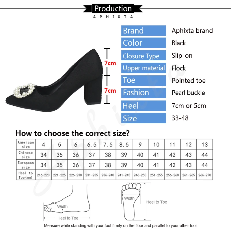 Aphixta Big Size 48 Pumps Women 7cm 5cm Square Heels Pearl Buckle Shoes Woman Classics Pointed Toe Dress Official Party | Обувь