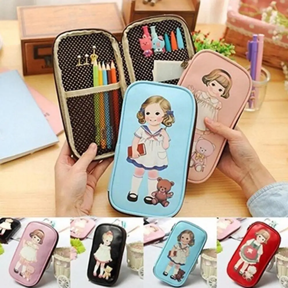 

Lowest Price Hot Fashion Women Cute Carton Doll Girl Pattern Retro Large Pencil Case Bag Cosmetic Makeup Bag School Stationery