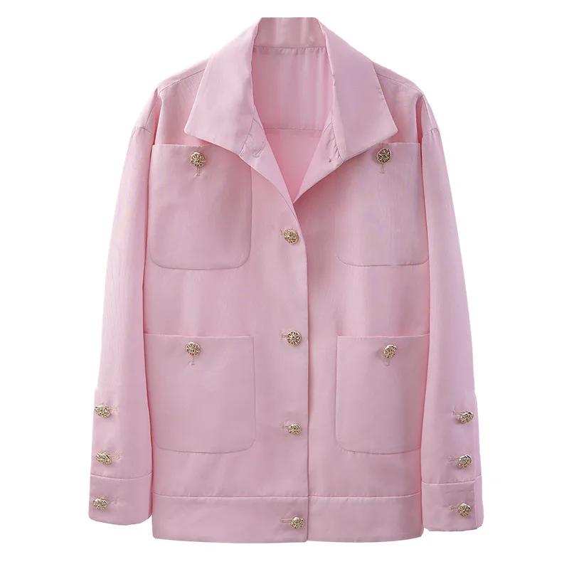 

Stylish Tops 2021 Spring New Lapel Long Sleeve Loose Single Breasted Large Pocket Solid Color Women Coat Cc10