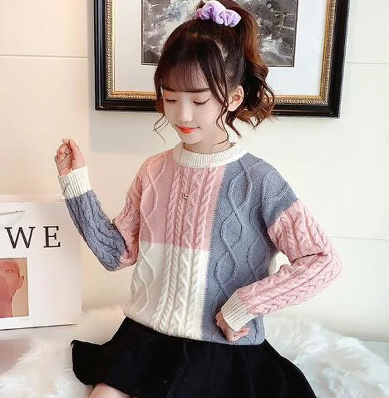 

Children Clothing Girls Color Patchwork Knitted Sweaters Kids Autumn Winter Jacket Baby Girls Tops 3-12 Y Girls O-neck Sweater