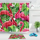Тропическая занавеска для душа с экзотическими листьями, ткань с красным фламинго, занавеска для ванны, комплект с крючками, декор для ванной комнаты с зелеными банановыми и пальмовыми листьями