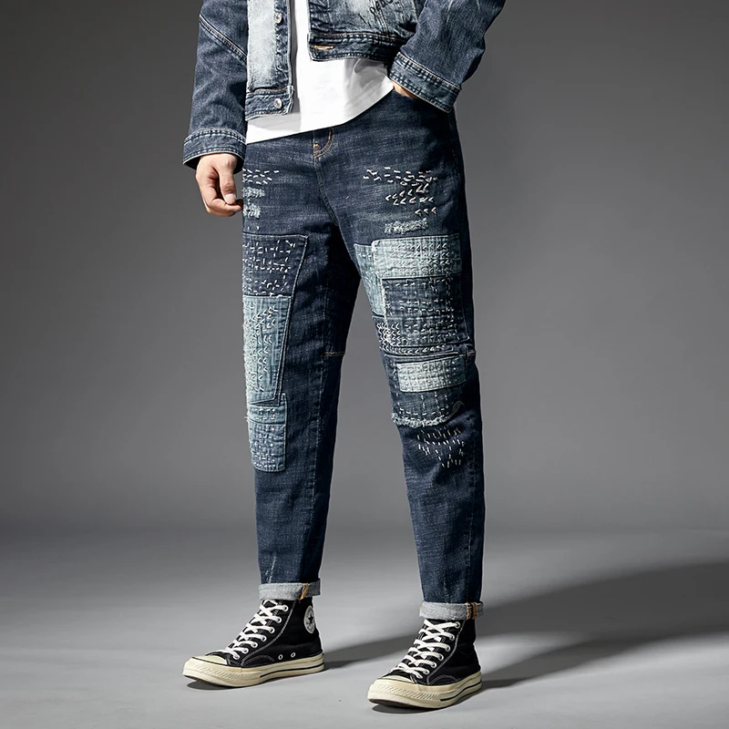 KSTUN свободные зауженные джинсы мужские с заплатками ручной вышивкой в стиле