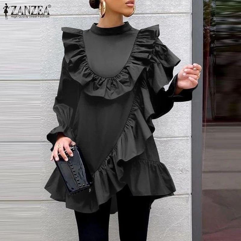 

ZANZEA Party Ruffle Blusas Women Elegant Solid Tops Spring Autumn Flare Sleeve Blouse Fashion OL Patchwork Tunic Irregular Shirt