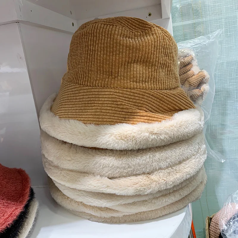 

3 Colors Winter Thick Warm Bucket Hat Women Pompom Fur Cute Yellow All Match Fisherrnan Hats Outdoors Windproof Corduroy Cap