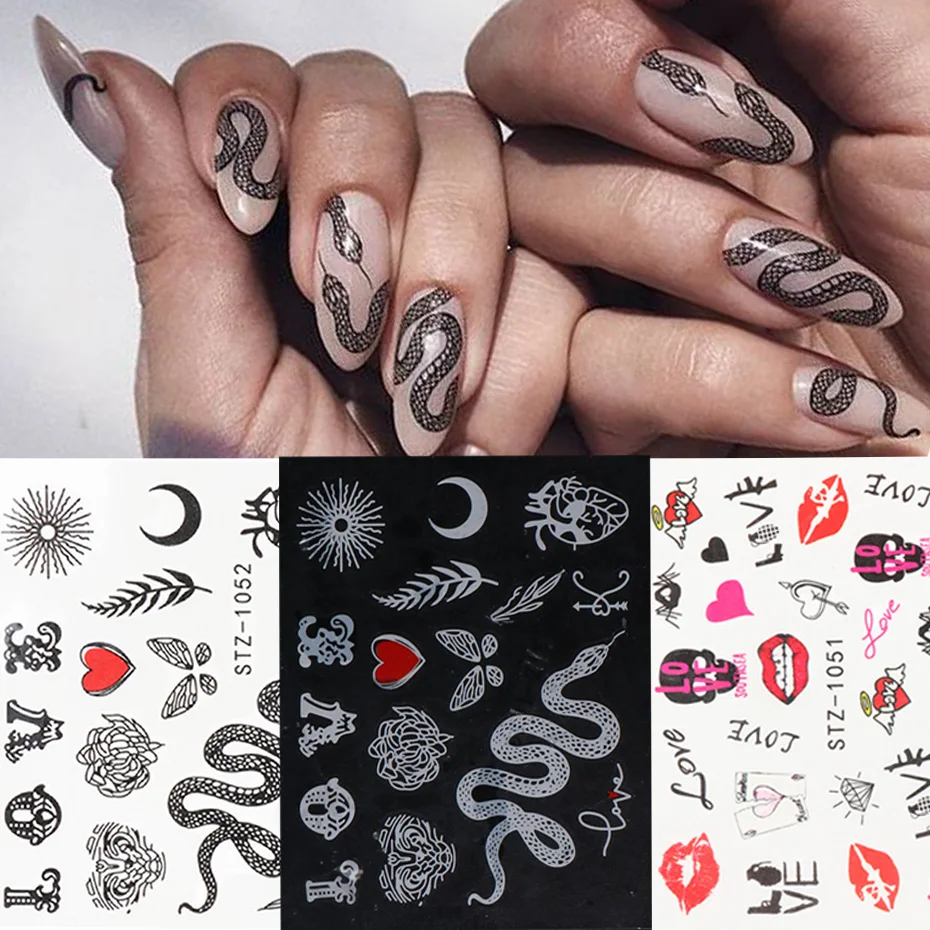 Черная змея наклейка для ногтей абстрактная лицевая буква слайдер водная