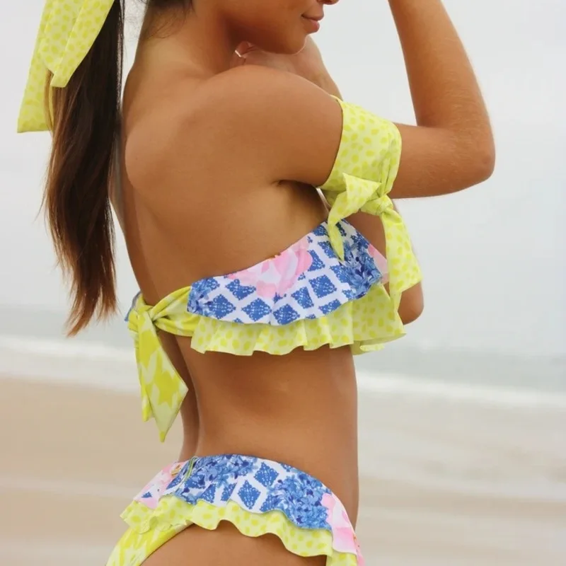 

Plus Size Bathing Suit Girl Swim Wear Surf Swimwear Clothes Women Sexy Strapless Split Bikini Flower Print Floral Polyester
