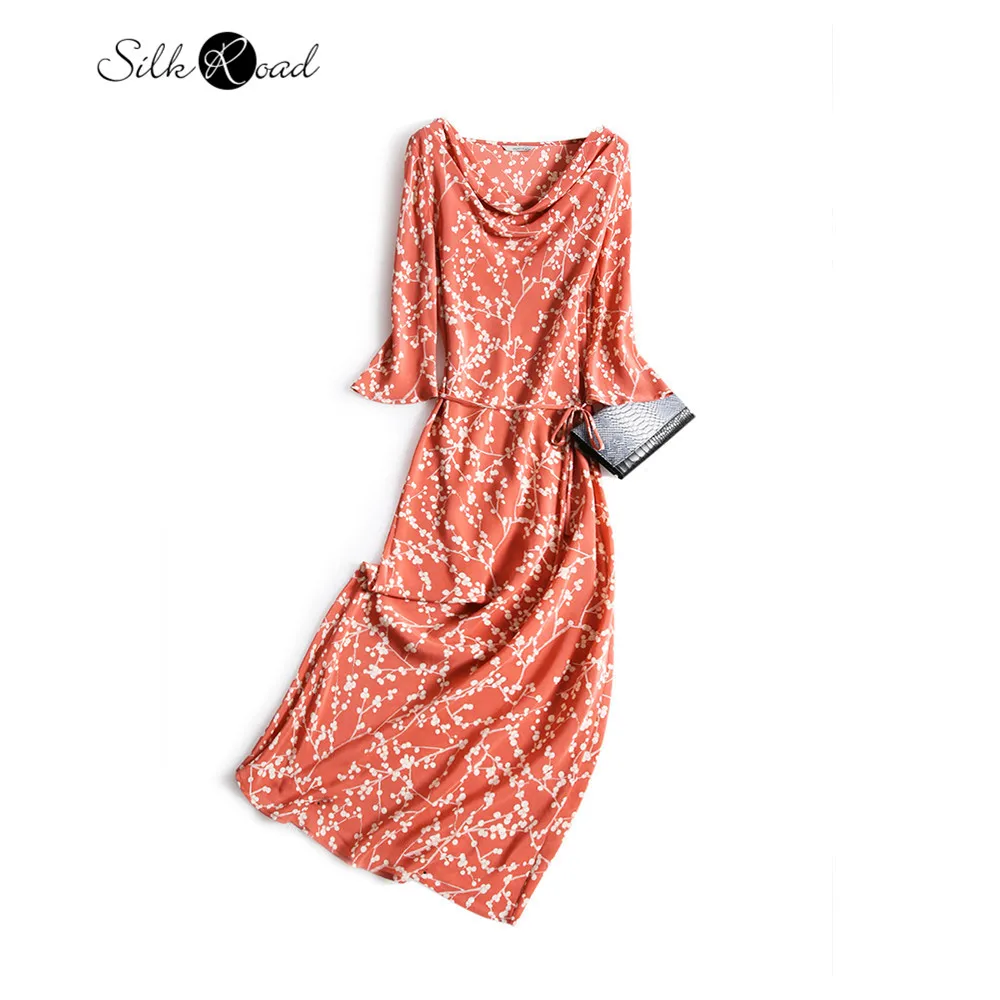 

Silviye Silk dress women's silk flower dress middle sleeve small French slim A-line dress new summer