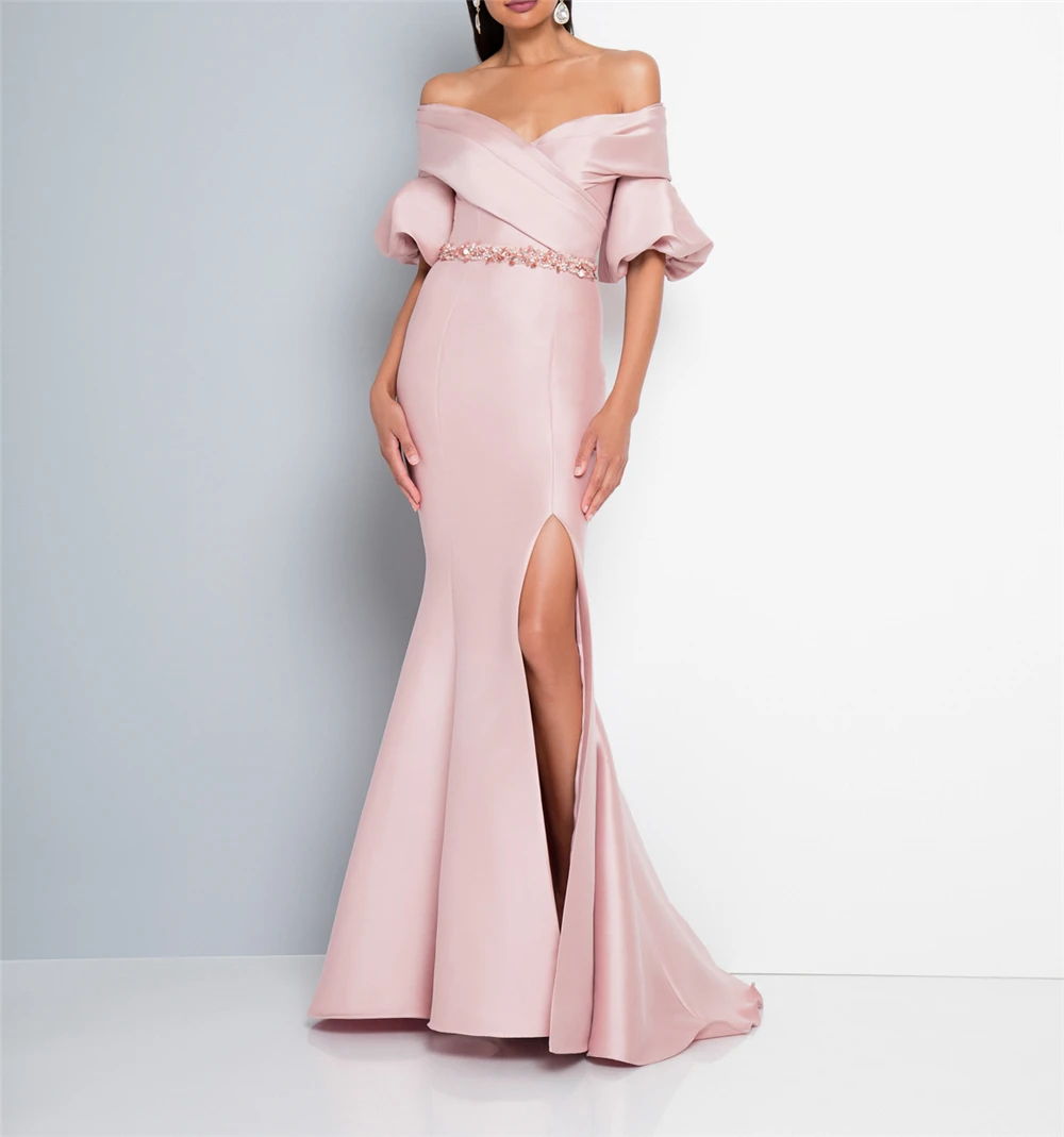 

Pink Satin Evening Dresses Off The Shoulder Sequins Beaded Front Splited Sweep Train Custom-Made Long Evening Gowns Prom Dress
