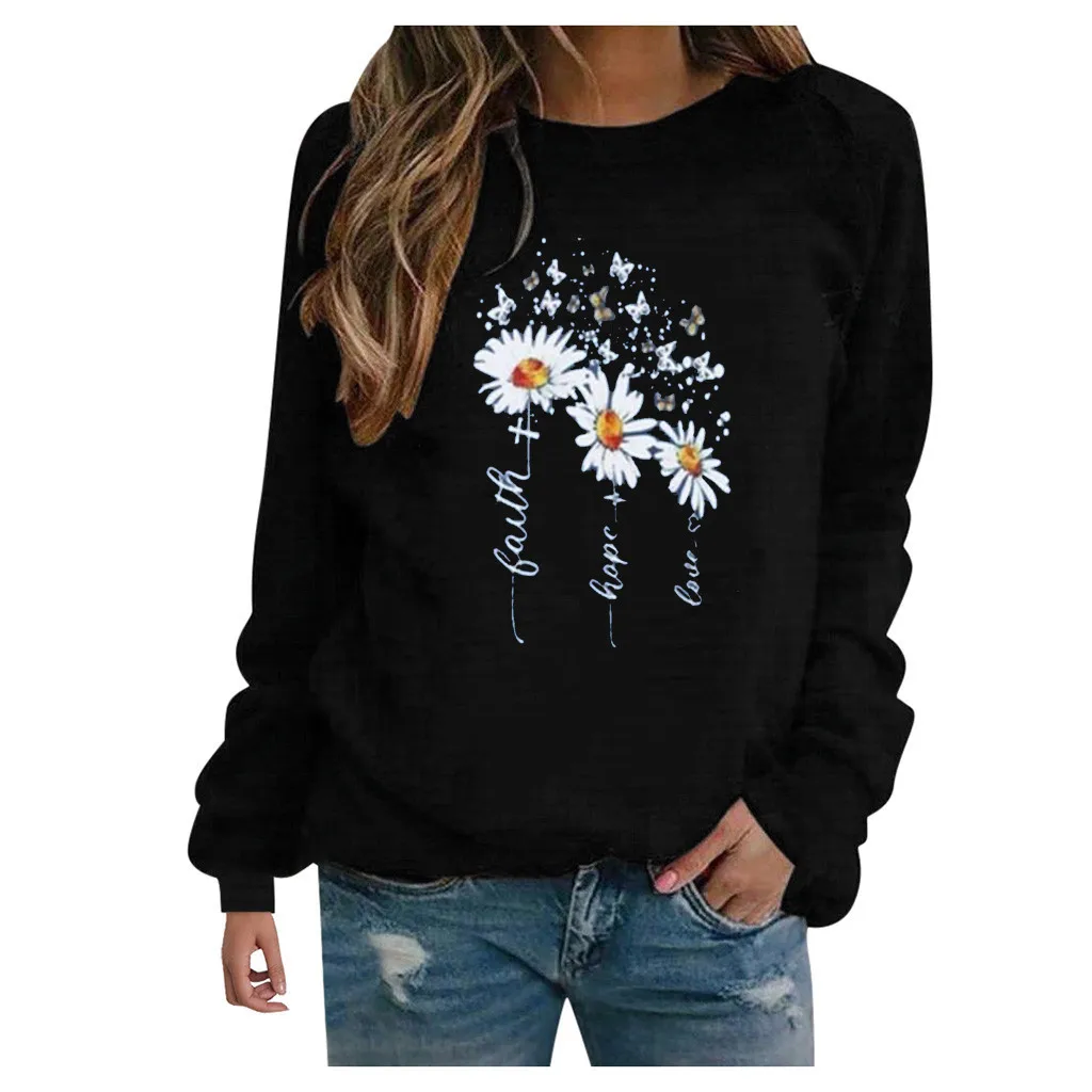 

Women Plus Size Sweatshirt Crewneck Daisies Butterflies Print Long Sleeve Casual Loose Fit Pullover Shirt Blouse свитшот A40