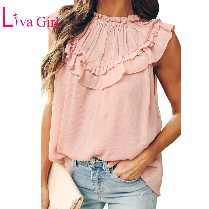 

LIVA GIRL Elegant Ruffles Tulle Chiffon Woman Tank Tops Summer Plus Size Solid O-neck Sleeveless Tanks Female Body Clothes S-XXL