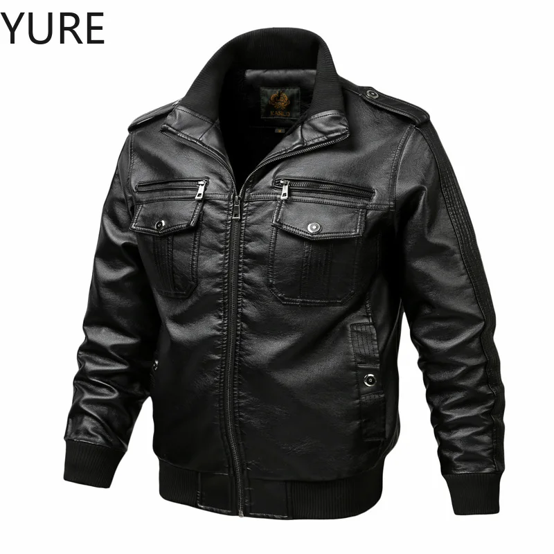 

Yure Men’s stand collar motorcycle leather jacket new stand collar jacket men’s wash solid color slim casual leather jacket