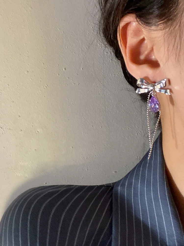 

CH-936 Rhinestone Bowknot Purple Drop Shaped Chain Earrings European and American Retro Earrings Bohemian Earrings