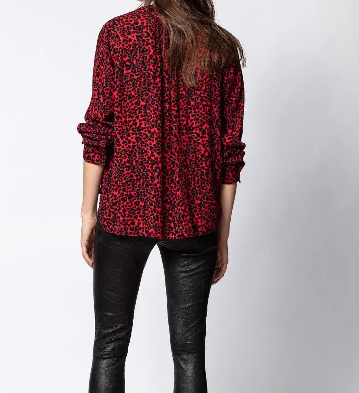 V-Neck Viscose Crepe Top Women Shirt 2021 New Red Leopard Shirt Print Red Tone Is White and Thin