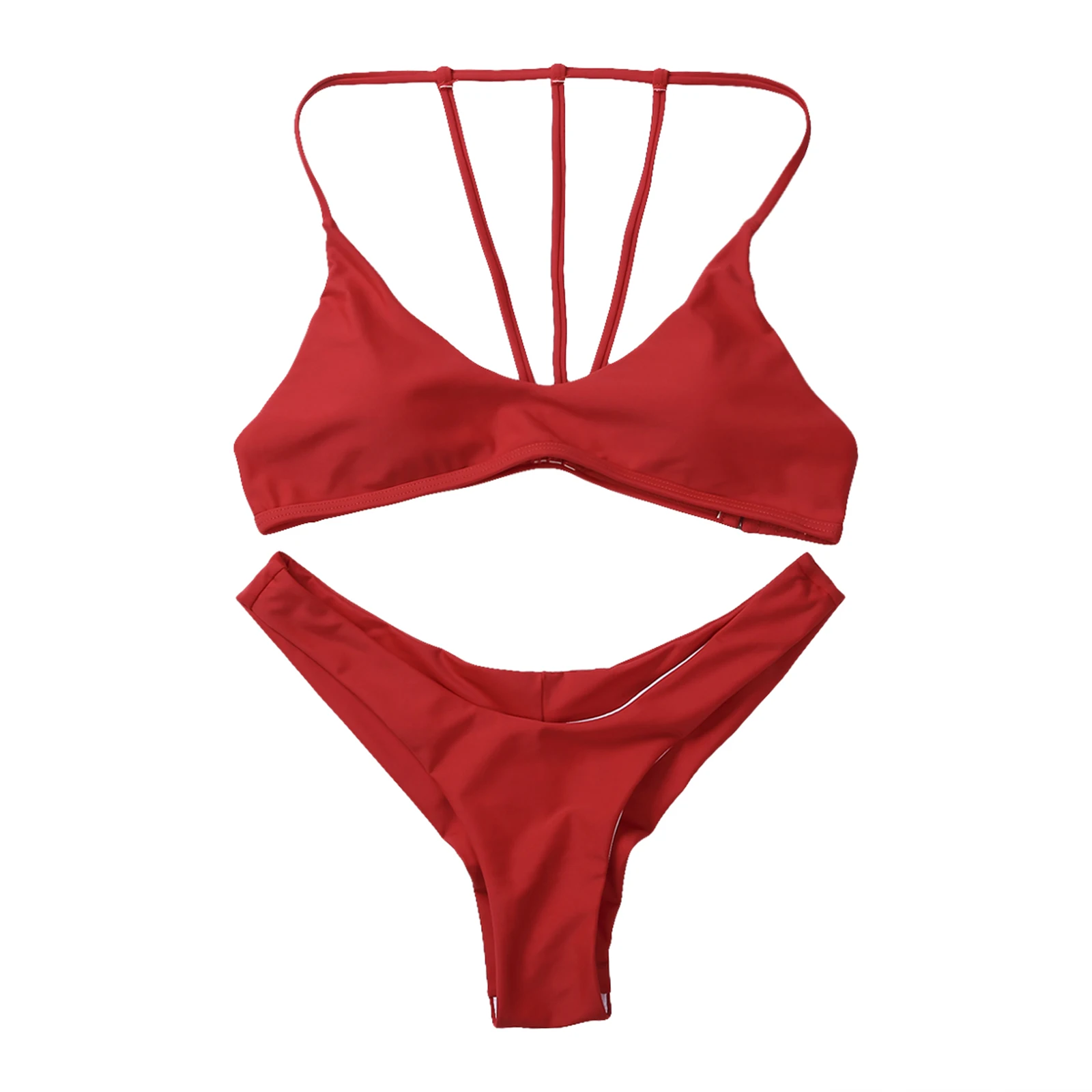 

Women Split Swimsuit Set, Solid Color Deep V-neck Padded Bikini + Elastic Waist Panties for Summer