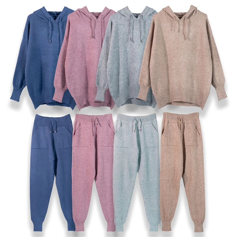 

Autumn Winter New Warm Knitted Hooded Sweater and High waist Harem Pants Tracksuit Women Loose Pullover Jumper Knitwear Suits