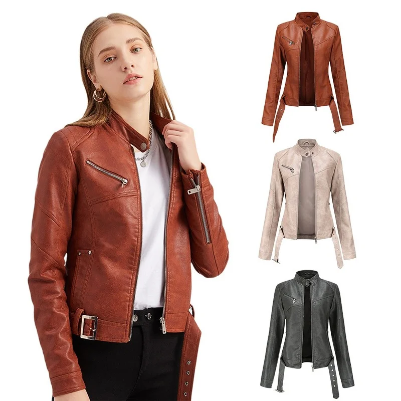 

WEPBEL Winter PU Leather Jackets Coats Fashion Stand Collar Casual Motorcycle Leather Jacket for Women Slim PU Locomotive Jacket