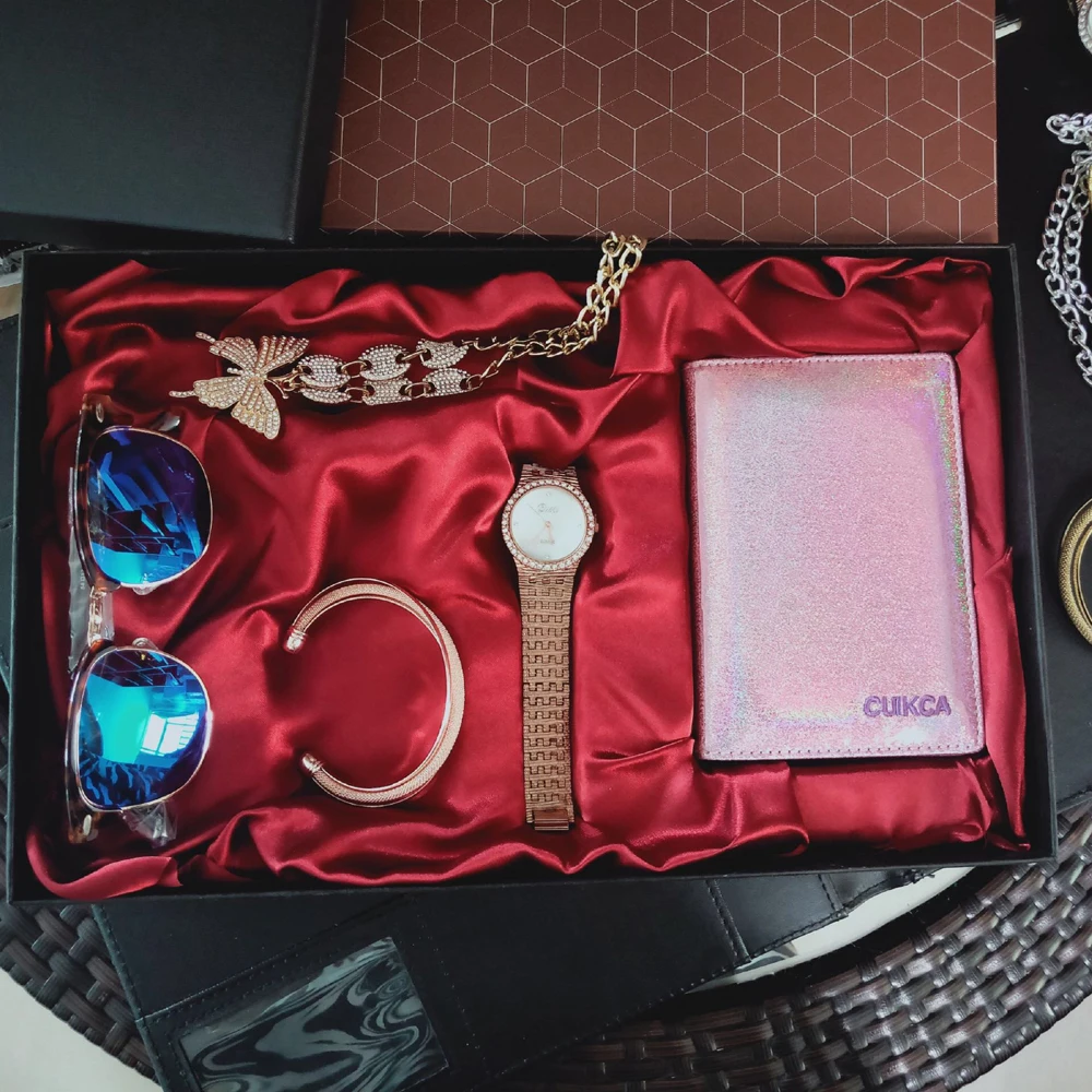 Luxury Watches Set Women Diamond Rhinestone Quartz Watch  Necklace Bracelets Sunglasses Wallet Wirstwatch Gifts sets For Women