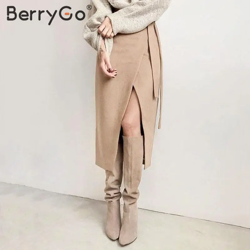 BerryGo Женская юбка миди из замшевой кожи на осень и зиму с высокой талией, Женская юбка с разрезом, Повседневная Уличная одежда, Офисная Женская длинная юбка