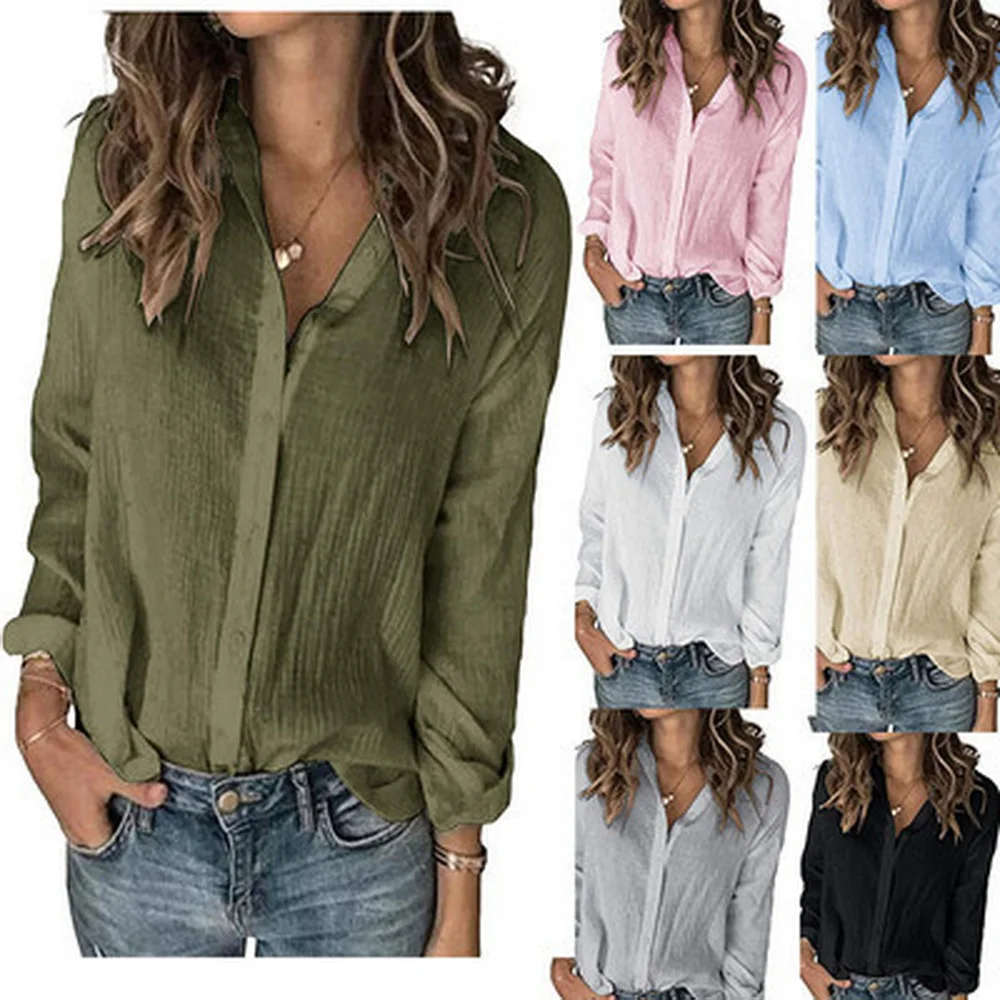 

Autumn women's long-sleeved single-breasted cotton slub shirt loose casual lapel top 2021 blusa feminina chemise femme блузки Za