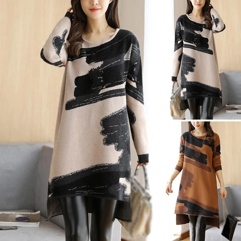 Повседневные свободные прямого кроя женское платье с круглым вырезом и принтом