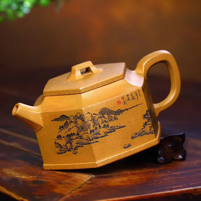 

Yixing Zisha teapot handmade raw material mine laoduan Nigu bell six square teapot Kung Fu teapot hand painted lettering teapot