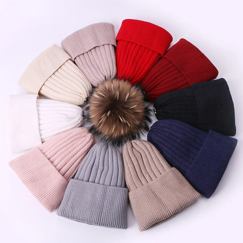 Winter Children Fleece Lined Beanie Hat With Real Fur Pompon Knitted Warm Thick Caps For Solid Color Outdoor Kids Bonnets | Аксессуары