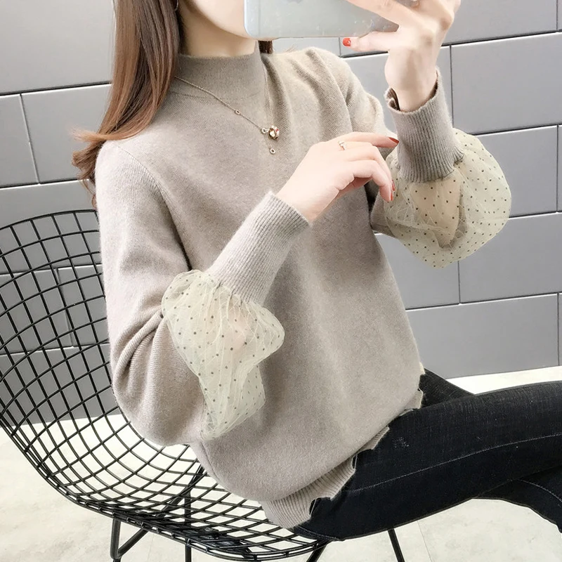 

Women Sweater Clothes New Fashion 2021 Autumn Lantern Sleeve Half Turtleneck Lady Sweater Black