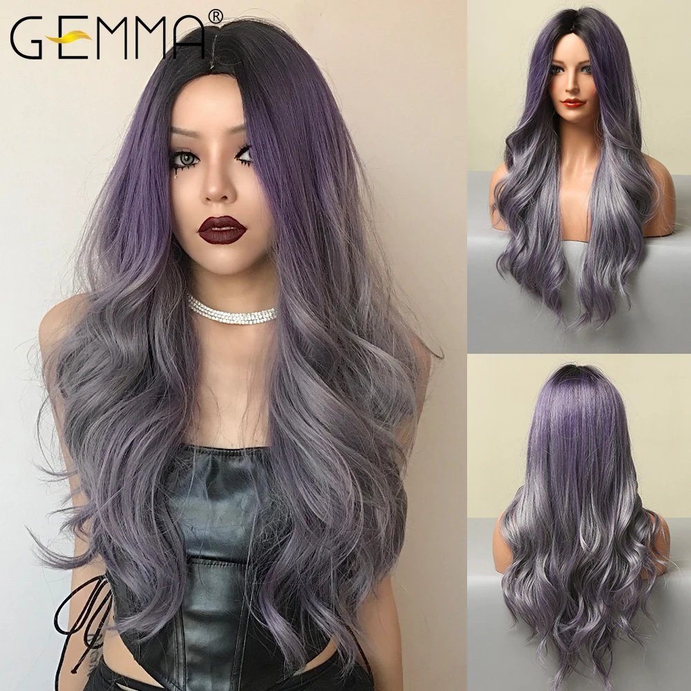 Длинные волнистые синтетические парики GEMMA с эффектом омбре черные фиолетовые