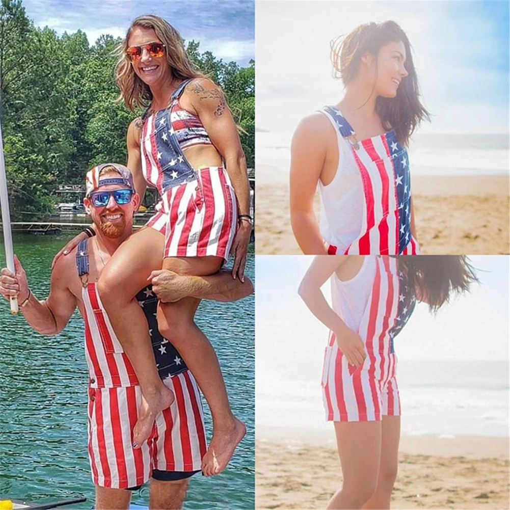 

Independence Day Rompers Women Casual Jumpsuit Patriotic Printed American Flag Striped Overalls Summer Women Unisex Bib Jeans