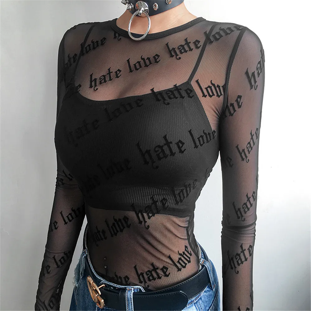 

Women Sexy Perspective Sheer Mesh T-Shirts Letter Printed O Neck See-Through Long Sleeve Blouse Tops Autumn Slim-Fit Pullover