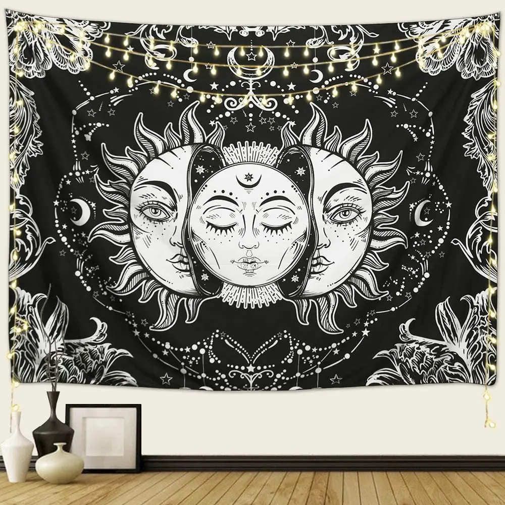 

Tapestry Wall Hanging Mystic Black and White Tapestries with Sun & Moon, Burning Sun with Star Psychedelic Astrology Tapestry fo