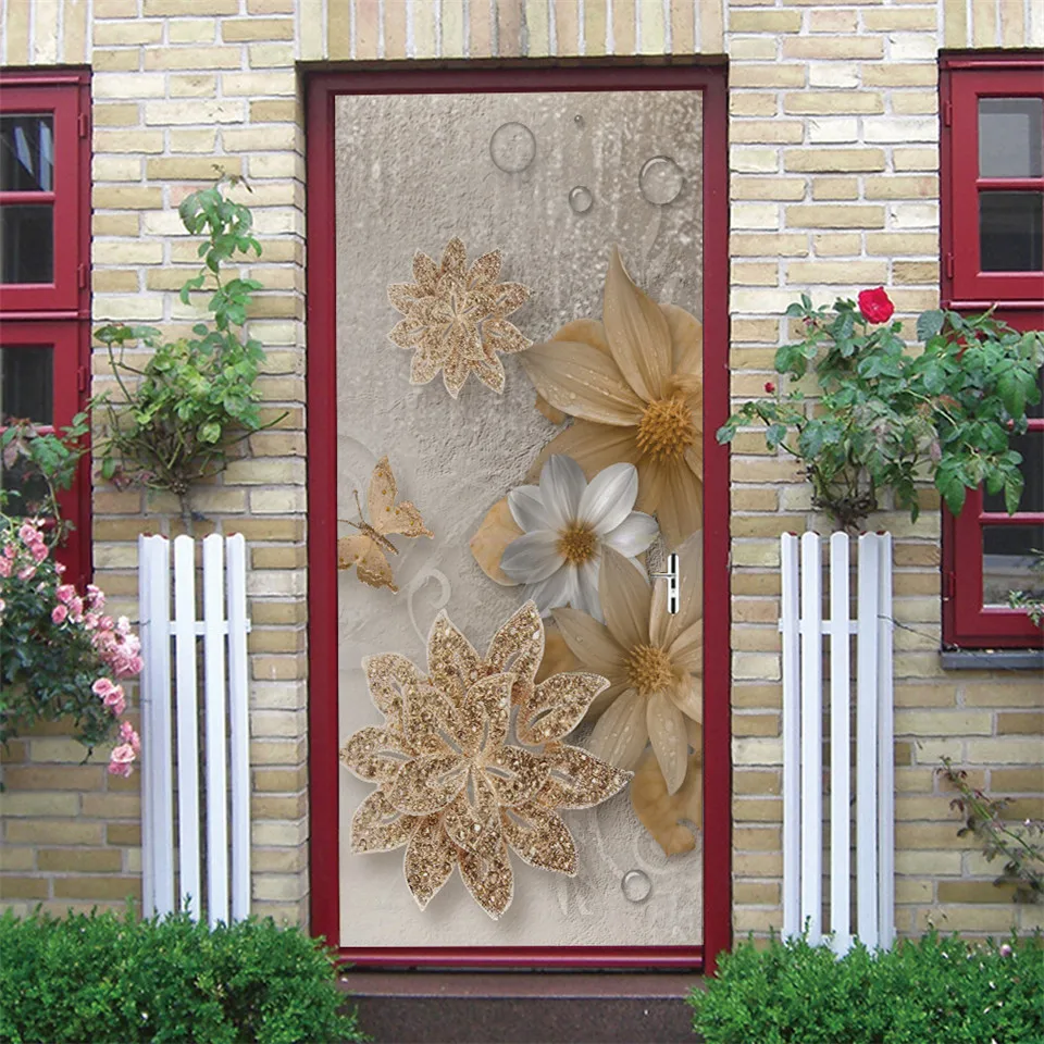 Beautiful Flower Stickers For Door 3D Self Adhesive Waterproof Poster For Girls Bedroom,Home Decor Mural Wall Decal Deurstickers images - 6