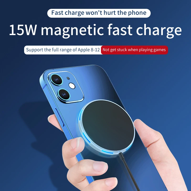 

15W Magnetic Wireless Charger For iPhone 12 Compatible with AirPodsPro iPhone 8-11 and Android Qi Mobile Phones Thin LED Charger