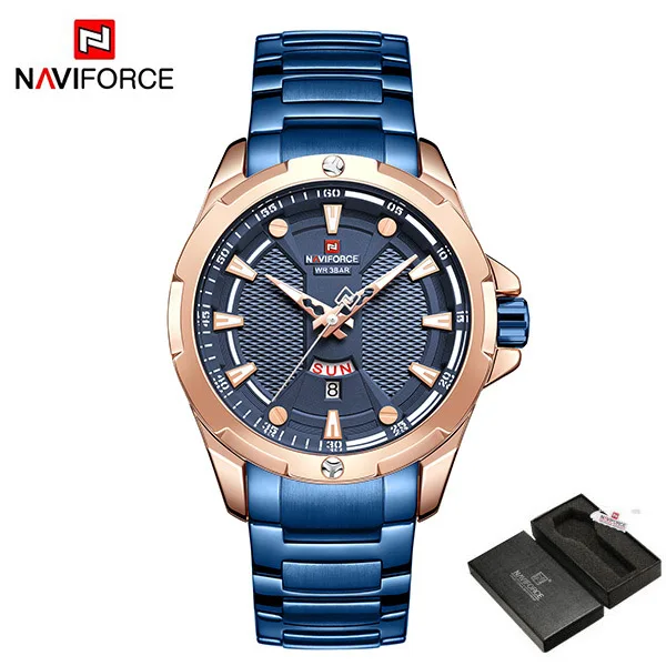 BlueWithBox NAVIFROCE новые роскошные Брендовые мужские часы полностью стальные деловые наручные часы водонепроницаемые кварцевые мужские часы Relogio Masculino - Цвет: BlueWithBox