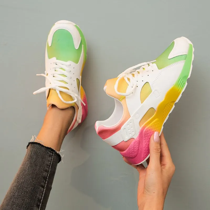 

2021 Rainbow Color Women Sneakers Lace Up Casual Tennis Running Sports Shoes Round Toe Flats Female Vulcanized Shoe Sneakers