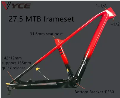 

VYCE Bright black with gradual red full Carbon MTB Bike Frame Disc Brake 27.5 12K glossy 135xQR 142x12mm Disc